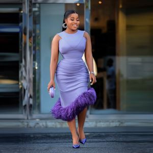 Asymmetrical Lavender Short Prom Dresses Sheath Feather Tea Length Cocktail Party Dress 2024 Pleat Column Club Wears