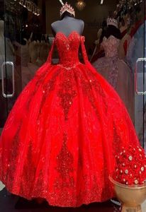 Prawdziwa POS Red Organza Sweet 16 Sukienki Quinceanera Cequine Appated Beaded Sweetheart Sukienka Meksykańska dziewczyna