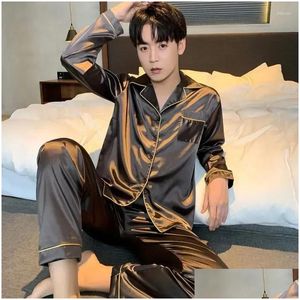 Mens Sleepwear Pyjama Pyjama Long Male Sleeve Fashion Soft Size For Man Home Silk Men Loungewear Wear Big Night Shirt Satin Set Drop otc8o