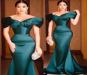 Elegant Dark Green Mermaid Evening Dresses Long Deep V Neck Off Shoulder Short Sleeves Pleats Floor Length Formal Dress Party Gown3370008