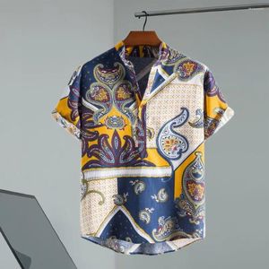 Men's Casual Shirts Men Shirt Colorful Print Summer With Turn-down Collar Short Sleeve Single-breasted Design Loose Fit For Vacation