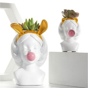 Small Cute Nordic Resin Human head Golden vase woman bubble gum vase living room Decoration Flower arrangement Creative 210409246P