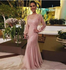 Elegant Pink Mermaid Mother of the Bride Dresses Jewel Neck Long Sleeve Lace Appliques Beaded Sequined Prom Dress Formal Evening D8451113