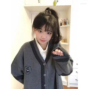 Women's Knits Vintage Japanese V Neck Coats Knitted Women Bf Oversize Bear Casual Y2k Preppy Style Gray Black Sweaters Mid Length Cardigan