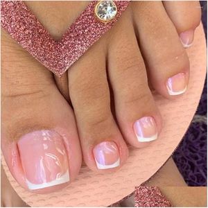 Unhas falsas 24 pçs meninas curto quadrado fl er unhas falsas francês rosa gradiente entrega de gota saúde beleza salão de arte do prego otmse