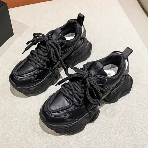 Men Women Chunky Sneakers Casual Shoes Platform Round Toe Thick Sole Lace-Up Ladies Trainers Black White Genuine Leather Synthetic Patchwork Ladies Autumn AA005