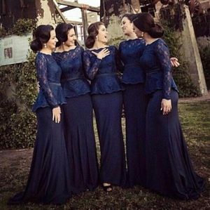 Abiti da damigella d'onore eleganti con scollo a barchetta blu navy maniche lunghe con fascia peplo in pizzo sirena con strascico cerniera festa da sera per ragazze3740294