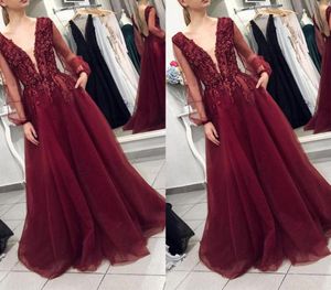 Glitter Pearls Burgundy A Line Prom Red Carpet Celebrity Sukienki 2022 Południowoafrykańskie V Neck Długie rękawy wieczorne sukienki formalne suknie 1080970