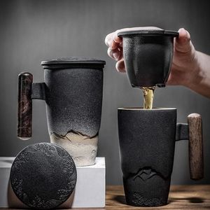 Mugs Luxury Retro Tea Cup Ceramic Mug Large Capacity Office Filter Black Water With Cover Wooden Handle Cups Gift Ideas Box277N