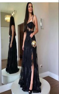 Svart aftonklänning aline älskling golvlängd sidoslits spaghetti rem spets applikationer backless elegant parti prom klänning4223977