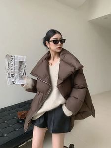 Café lapela feminina inverno algodão jaqueta design sentimento pão tendência para baixo longo acolchoamento casaco 240229
