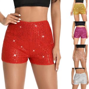 Shorts femininos wpnaks mulheres lantejoulas roupas de verão meados de cintura elástica brilhante brilho perna reta sexy clube streetwear