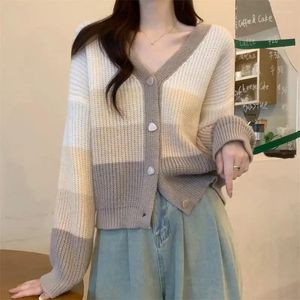 Women's Knits Brown Sweater Cardigan Winter Button Striped Knit Tops For Woman Grey V-neck Jumper Autumn 2024 Clothes Y2k Vintage Warm