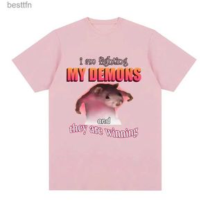 Women's T-Shirt Funny I Am Fighting My Demons and The Are Winning Mouse Meme T-shirt Creative men Short Sle Plus Size Women T-shirts 240311