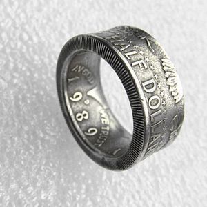 Anel de moeda artesanal anéis vintage feito à mão de Kennedy meio dólar banhado a prata tamanho americano 8-16 #223T