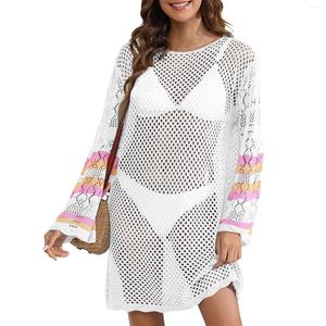 Copricostume da donna sulla spiaggia Abito dritto con polsini patchwork di colore a contrasto, girocollo casual, manica lunga ampia