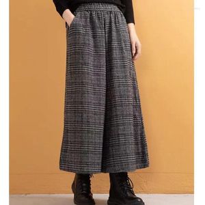 Calças femininas vintage xadrez solta cortada outono inverno cintura elástica all-match perna larga casual moda feminina roupas