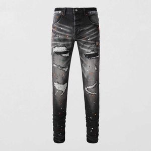 High Street Fashion Broken Hole Mens Jeans Black and Grey Embroidered Patch Paint Micro Elastic Slim Fit PURPLE Jeans Mens