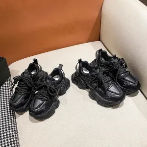 Män kvinnor chunky sneakers casual skor plattform rund tå tjock sula snörning damtränare svart vit äkta läder syntetiska lapptäcke damer hösten aa004