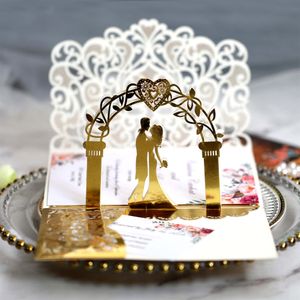 3D Brud Groom Paper Art Three Folding Pocket Card Wedding Party Inbjudningskort Kuvertuppsättning 2502