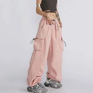 Calças femininas streetwear bolso carga para pára-quedas mulheres grande posket cintura baixa zíper y2k cordão jogger