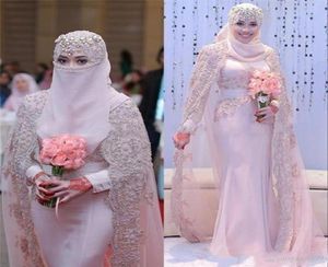 Wspaniałe arabskie muzułmańskie sukienki ślubne 2020 Koronki Koronki Koronki Długie rękawy Pochwa Różowe suknie ślubne sukienki ślubne z WRA2842305