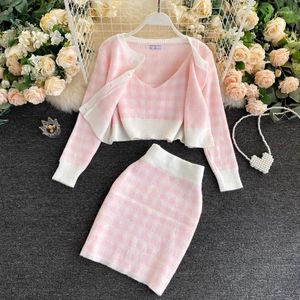 Work Dresses Korean Sweet Knit Plaid Cardigans Camisole Skirts 3pcs Sets Girls Short Sweater Coat Vest Mini Skirt Suits Women Outfits N551