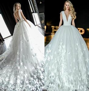 2021 A Line Wedding Dress V Neck Cap Sleeve Romantic Butterfly Appliques Tulle Bridal Gowns With Sheer Buttons Back Dresses8791876