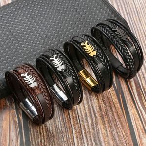 Stainless Steel Magnetic Clasp Fish Bone Bracelet Multi Layer Genuine Braided Leather Bracelets Bangle Cuff Fashion Jewelry