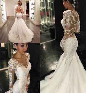 Sexy Backless Mermaid Wedding Dresses Sheer V Neck Long Sleeves Sweep Train Plus Size Bridal Gowns Custom Made Vestido De Novia3166068