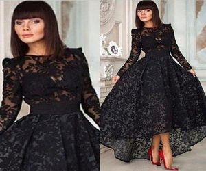 New Vestido Black Long A Line Elegant Prom Evening Dress Crew Neck Long Sleeve Lace Hi Lo Party Gown Special Occasion Dresses Even3623017