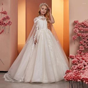 Vestidos de menina renda tule flor vestido para casamento sem mangas com capa inchado brilhando elegante princesa primeira comunhão vestidos de aniversário 2024