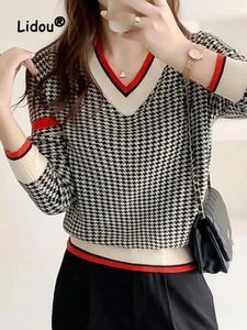 Women's Sweaters Fashion Color Contrast Long Sleeve Loose V-neck Autumn Winter All-match Knitting Bottoming Shirt Comfortable Top