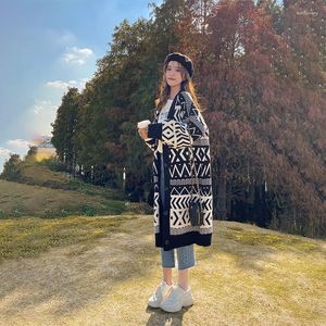 Malhas femininas longo cardigan de malha outono inverno manga solta geométrica casual blusas elegantes casacos macios roupas