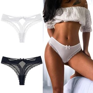 Kvinnors trosor 2024 Ice Silk Mesh Spets Sexig underkläder Bow Hollow Out String Sex Crotch Cotton Seamless Briefs Tanga Thong