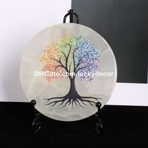 Morrocan Selenite Rainbow Tree of Life Charging Plate Hand Carved Polished Satin Spar Energy Disk Cleansing Slab Round Natural Quartz Crystal Grid Home Altar Decor