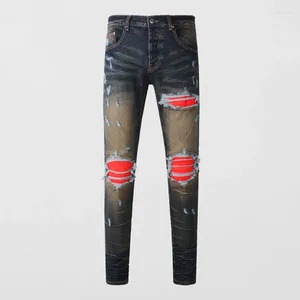 Calças de brim masculinas rua moda homens retro preto cinza estiramento skinny fit rasgado remendado designer hip hop marca calças hombre