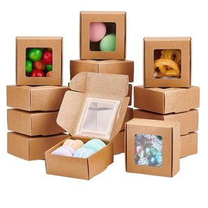 Квадратные коричневые коробки из крафт-бумаги с прозрачными окнами для упаковки угощений, хлебобулочных изделий и ювелирных изделий LX6386
