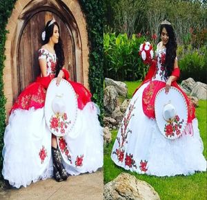 Modest Red and White Plus size Charro Quinceanera Prom Formal Dress 2022 Mexican Off Shoulders Ruffled Patterned Ruffles Satin Org4643017