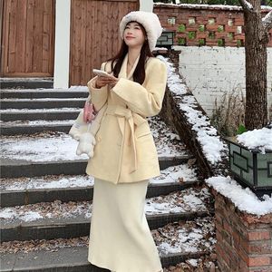 Two Piece Dress Women's Autumn/Winter Plus Size Retro Casual Woolen Balzer Knitted Skirt Set Contrast Lacing Wool Coat Half