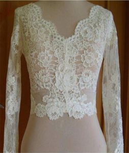 Vintage 2019 Bridal Bolero Jackets White Ivory Wedding Top Spets långärmad SCALLOPED V Neck Custom Plus Size Brudtillbehör1743962