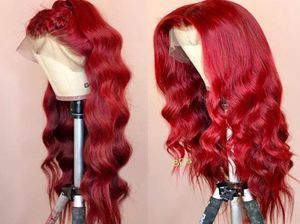 Ondulado colorido frente do laço perucas de cabelo humano preplucked frontal completo vermelho borgonha remy peruca brasileira para preto pode fazer 2702406