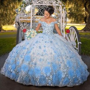 2021 Baby Blue Sweet 16 Quinceanera klänningar för flickor 3D Flowers spets älskling snörning bollklänning Vestidos de 15 A OS218I