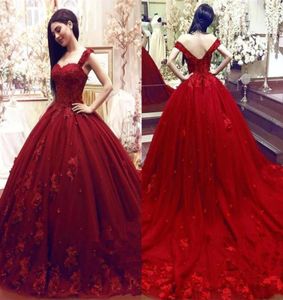 Luxury Lace Appliqued Ball Gown Quinceanera Dress Vintage Burgundy Spaghetti Sweet 16 Dress Long Formal Party Prom Evening Gown BC1975407
