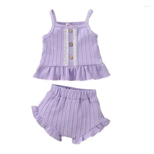 Clothing Sets Baby Girls 2PCS Shorts Sleeveless Lace Trim Button Camisole Solid Color PP