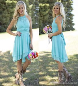 New Modest Short Bridesmaid Dresses Light Sky Blue Halter Neck Knee Length Ruffle Chiffon Plus Size Country Wedding Party Dresses2864815