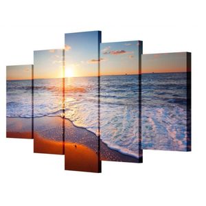 Pintura artística em tela, 5 peças, pôr do sol, paisagem marítima, praia, pintura decorativa de parede, imagens modulares, pinturas a óleo sem moldura277o