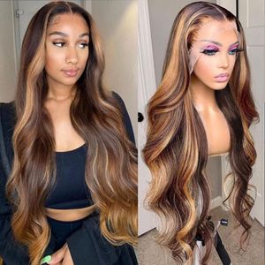 Honey Blonde 13x4 Body Wave Transparent Highlight Wig Brazilian Human Hair Wigs For Women Preplucked 4x4 spetsstängning Wig5883601