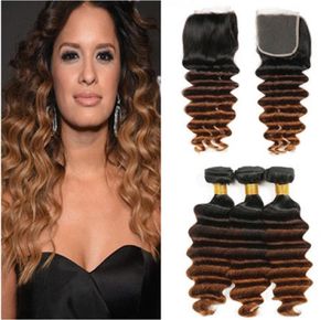 1B430 Black Brown Auburn 3tone Ombre Indian Virgin Human Hair Bundles Deep Wave With Medium Auburn Ombre 4x4 Front Lace Closure8510449