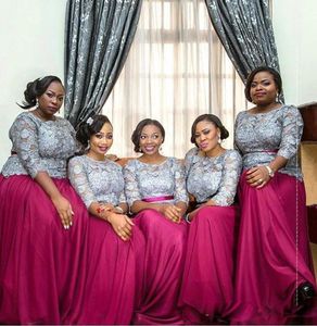 2017 African Top Gray Fuschia Long Sleeves Bridesmaid Dresses Plus Size Chiffon Lace Bridesmaids Dress Maid Of Honor Prom Evening 6522130